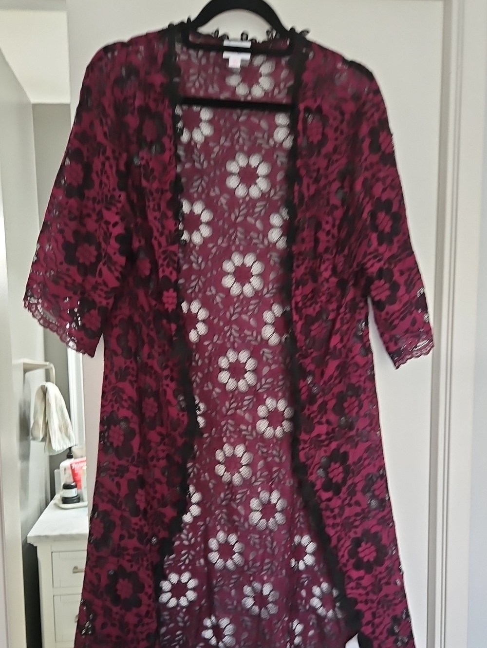 Burgundy & Black Floral Lace Kimono Cardigan